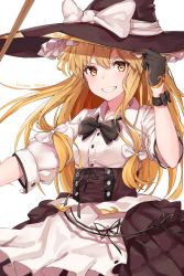 Rule 34 | 1girl, :d, apron, arm up, black bow, black bowtie, black cola, black gloves, black hat, black skirt, blonde hair, blush, bow, bowtie, character name, collared shirt, corset, gloves, grin, hair ribbon, hand on headwear, hat, hat bow, highres, kirisame marisa, layered skirt, long hair, looking at viewer, open mouth, ribbon, shirt, short sleeves, simple background, single sidelock, skirt, smile, solo, teeth, touhou, upper body, very long hair, waist apron, white apron, white background, white bow, white ribbon, white shirt, wing collar, witch hat, yellow eyes