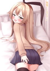 Rule 34 | 1girl, ass, bed, black skirt, black thighhighs, blonde hair, blush, cowboy shot, from behind, hair between eyes, highres, kantai collection, long hair, long sleeves, looking at viewer, open mouth, pleated skirt, ribbed sweater, shimakaze (kancolle), skirt, smile, solo, sweater, thighhighs, tiemu (man190), underwear, yellow eyes, yellow sweater