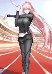 Rule 34 | 1girl, alternate hairstyle, breasts, fate/grand order, fate (series), florence nightingale (fate), highres, jacket, joki yoh, large breasts, long hair, looking at viewer, open mouth, pants, pink hair, ponytail, red eyes, solo, track jacket, track pants, track suit, very long hair