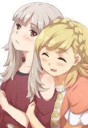 Rule 34 | 2girls, alternate costume, blonde hair, braid, closed mouth, crown braid, closed eyes, fire emblem, fire emblem heroes, grey hair, kuhuku006f86, long hair, multiple girls, nintendo, open mouth, red eyes, sharena (fire emblem), short sleeves, simple background, upper body, veronica (fire emblem), white background
