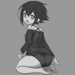 Rule 34 | 1girl, ass, fang, greyscale, looking at viewer, looking back, monochrome, no pants, nyifu, original, panties, seiza, short hair, simple background, sitting, solo, underwear
