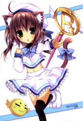 Rule 34 | 1girl, absurdres, ahoge, animal ears, black thighhighs, blouse, blush, bow, brown hair, cat ears, cat tail, creature, green eyes, hat, highres, karory, long sleeves, navel, paw shoes, shirt, shoes, skirt, solo, tail, tail bow, tail ornament, thighhighs, wand