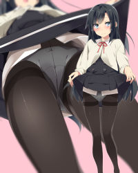 Rule 34 | 1girl, asashio (kancolle), black hair, black pantyhose, blue eyes, blurry, blush, closed mouth, clothes lift, commentary request, crotch seam, depth of field, feet out of frame, from below, gluteal fold, high-waist skirt, highres, kantai collection, lifted by self, long hair, long sleeves, mtu (orewamuzituda), multiple views, neck ribbon, panties, panties under pantyhose, pantyhose, pink background, red ribbon, ribbon, shirt, simple background, skirt, skirt lift, smile, standing, thighband pantyhose, underwear, very long hair, white panties, white shirt