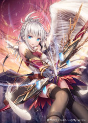 Rule 34 | 1girl, akkijin, angel, archery, armor, bare shoulders, blue eyes, bow, braid, feathered wings, feathers, looking at viewer, orange sky, outdoors, ruins, shinkai no valkyrie, silver hair, single wing, sky, solo, thighhighs, wings