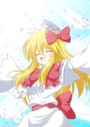 Rule 34 | 1girl, :d, ^ ^, blonde hair, bow, bowtie, capelet, closed eyes, closed eyes, female focus, hair bow, hat, lily white, long hair, open mouth, osashin (osada), outstretched arms, petals, smile, solo, touhou