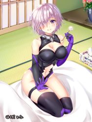 Rule 34 | 1girl, artist name, asymmetrical legwear, black gloves, black leotard, blush, breasts, cleavage, closed mouth, clothing cutout, elbow gloves, fate/grand order, fate (series), flower, fou (fate), full body, gloves, haguda tofu (hakudatofu), hair over one eye, hand up, highres, holding, indoors, lap pillow, lap pillow invitation, large breasts, leotard, light purple hair, looking at viewer, mash kyrielight, mimikaki, mismatched legwear, navel, navel cutout, over-kneehighs, pink flower, purple eyes, purple gloves, seiza, short hair, shouji, signature, sitting, sliding doors, smile, solo, tatami, thigh strap, thighhighs, thighs, tissue box, vase