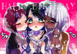 Rule 34 | 3girls, arms up, bell, belt, bikini, bikini top only, bikini under clothes, black hair, black pantyhose, blue eyes, chabashira tenko, closed eyes, collar, cropped shirt, danganronpa (series), danganronpa v3: killing harmony, dark-skinned female, dark skin, frilled skirt, frills, front-tie bikini top, front-tie top, green eyes, hair ornament, hair ribbon, happy, hat, jewelry, light blush, long hair, looking at another, loose belt, low twintails, lying, midriff, mole, multiple girls, navel, neck bell, necklace, open clothes, open mouth, paintbrush, pantyhose, patatata, red hair, ribbon, school uniform, shell, shell necklace, short hair, skirt, smile, sweater, swimsuit, teeth, thighs, twintails, upper teeth only, white bikini, white hair, witch hat, yonaga angie, yumeno himiko