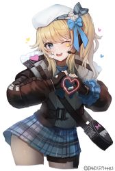 Rule 34 | 1girl, bad id, bad pixiv id, bag, bandage on face, bandages, beret, blonde hair, blue bow, blue eyes, blush, bow, coat, commentary request, cowboy shot, dano, fingerless gloves, fur-trimmed coat, fur trim, girls&#039; frontline, girls&#039; frontline 2: exilium, gloves, hair bow, hat, headset, heart, heart hands, heart stickers, long sleeves, medium hair, one eye closed, one side up, open mouth, pleated skirt, shoulder bag, sidelocks, skirt, smile, solo, twitter username, vepley (girls&#039; frontline 2), white background, white hat