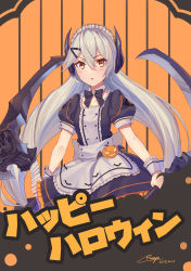 Rule 34 | 1girl, :o, apron, artist name, black dress, blush, collarbone, dated, detached collar, dress, dual wielding, frills, girls&#039; frontline, grey hair, hair between eyes, hair ornament, hairclip, halloween, halloween costume, happy halloween, headgear, highres, holding, holding sword, holding weapon, jack-o&#039;-lantern, looking at viewer, maid, maid headdress, mg4 (girls&#039; frontline), open mouth, puffy short sleeves, puffy sleeves, ranyu, short sleeves, signature, solo, sweatdrop, sword, waist apron, weapon, yellow eyes