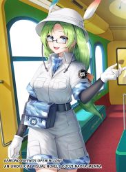 Rule 34 | 1girl, alt text, bag, blue eyes, copyright notice, glasses, gloves, green hair, hat, kemono friends, kemono friends opening day, long hair, looking at viewer, menna (0012), mirai (kemono friends), neckerchief, open mouth, shirt, smile, solo, standing, white gloves, white hat, white shirt