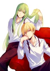 Rule 34 | 1boy, 1other, alternate costume, androgynous, bad id, bad pixiv id, black legwear, blonde hair, blouse, collarbone, couch, enkidu (fate), fate/grand order, fate/hollow ataraxia, fate/stay night, fate/strange fake, fate/zero, fate (series), gilgamesh (fate), green eyes, green hair, long hair, long sleeves, looking at viewer, on couch, red eyes, shirt, simple background, sitting, white background, white shirt, xia (ryugo)