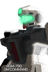 absurdres aron_e character_name commentary_request derivative_work earth_federation glowing gm_command green_visor gun gundam gundam_0080 highres machine_gun machinery mecha mecha_focus mobile_suit no_humans realistic robot science_fiction upper_body weapon white_background