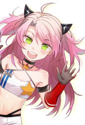 Rule 34 | 1girl, :d, ahoge, armband, azur lane, bad id, bad pixiv id, bare shoulders, black choker, black gloves, blush, breasts, choker, cleavage, collarbone, criss-cross halter, crop top, dot nose, elbow gloves, eyebrows, eyes visible through hair, facing viewer, gloves, green eyes, hair intakes, hair ornament, halterneck, halterneck, highres, houston (azur lane), looking at viewer, mumunga g, navel, open mouth, pink hair, short hair, simple background, small breasts, smile, solo, star (symbol), star choker, star print, stomach, teeth, tongue, two side up, white background