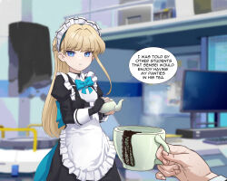 Rule 34 | 1girl, 1other, absurdres, apron, black dress, black gloves, blonde hair, blue archive, blue eyes, blurry, blurry background, closed mouth, commentary, cup, dress, english commentary, english text, fingerless gloves, gloves, highres, holding, holding cup, holding teapot, juliet sleeves, long hair, long sleeves, looking at viewer, luizhtx, maid, maid headdress, panties, pov, pov hands, puffy sleeves, solo focus, speech bubble, teapot, toki (blue archive), underwear, unworn panties, white apron