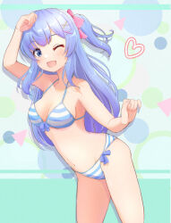 Rule 34 | :d, absurdres, bikini, blue bikini, blue eyes, blue hair, breasts, commentary request, cowboy shot, front-tie bikini top, front-tie top, hair ornament, hair ribbon, hairclip, heart, highres, indie virtual youtuber, long hair, looking at viewer, medium breasts, mouchi (mouchimochi), nagatabi-p, one eye closed, open mouth, ribbon, side-tie bikini bottom, smile, striped bikini, striped clothes, swimsuit, two side up