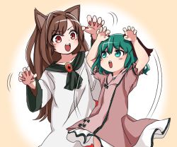 Rule 34 | &gt;:d, 2girls, :d, ameyu (rapon), animal ears, bad id, bad pixiv id, brown hair, claw pose, commentary request, dog ears, dress, fur, gradient background, green eyes, green hair, imaizumi kagerou, kasodani kyouko, long hair, multiple girls, open mouth, red eyes, short hair, smile, touhou, v-shaped eyebrows, wolf ears