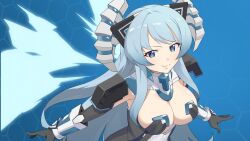 Rule 34 | 1girl, armor, blue eyes, blue hair, breasts, cleavage, commentary request, detached collar, elbow gloves, energy wings, from above, from side, gloves, headgear, horns, kami jigen game neptune v, kiseijou rei (goddess form), large breasts, leotard, long hair, looking at viewer, makino harumaki, mechanical gloves, mechanical horns, neptune (series), outstretched arms, power symbol, power symbol-shaped pupils, smile, solo, symbol-shaped pupils, upper body, very long hair