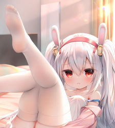 Rule 34 | 1girl, animal ears, arms at sides, azur lane, bare shoulders, bed sheet, blush, breasts, chen bin, curtains, fake animal ears, feet, foot focus, frown, hair between eyes, highres, jacket, laffey (azur lane), legs up, long hair, lying, no shoes, off shoulder, on back, on bed, pink jacket, rabbit ears, red eyes, see-through, small breasts, solo, sunlight, tears, thighhighs, twintails, white hair, white thighhighs