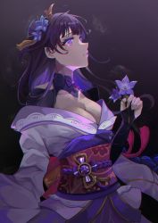 Rule 34 | 1girl, breasts, bridal gauntlets, cleavage, commentary request, floral print, flower, genshin impact, hair ornament, highres, holding, holding flower, japanese clothes, kimono, large breasts, long hair, long sleeves, mole, mole under eye, obi, obiage, obijime, open mouth, purple eyes, purple flower, purple hair, raiden shogun, ribbon, sakatsuki yakumo, sash, simple background, solo, tassel, wide sleeves