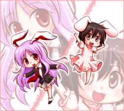 Rule 34 | 2girls, animal ears, bad id, bad pixiv id, barefoot, black hair, blazer, brown eyes, deformed, hotbuggy, inaba tewi, jacket, jewelry, long hair, multiple girls, necklace, open mouth, pink hair, rabbit ears, red eyes, reisen udongein inaba, touhou, very long hair, zoom layer