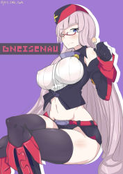 Rule 34 | 1girl, ;), asymmetrical bangs, azur lane, bare shoulders, belt, black footwear, black gloves, black hat, black shorts, black thighhighs, black vest, blue eyes, blunt bangs, blush, boots, breasts, candy, character name, closed mouth, covered erect nipples, crop top, crossed legs, diagonal bangs, elbow gloves, eyebrows, eyelashes, facing away, food, garrison cap, glasses, gloves, gneisenau (azur lane), groin, hat, holding, holding candy, holding food, holding lollipop, large breasts, lollipop, long hair, looking at viewer, multicolored clothes, multicolored footwear, multicolored hat, navel, one eye closed, open clothes, open vest, pink footwear, pink hair, pink hat, purple background, red-framed eyewear, red belt, semi-rimless eyewear, shirt, short shorts, shorts, side slit, silhouette, simple background, sitting, sleeveless, sleeveless shirt, smile, solo, stomach, striped, suzukee, text focus, thighhighs, twitter username, under-rim eyewear, vertical stripes, very long hair, vest, white shirt, zettai ryouiki