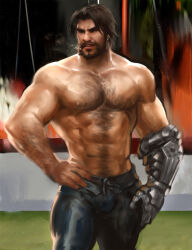 1boy arm_hair bara beard black_pants blurry blurry_background broad_shoulders brown_hair cassidy_(overwatch) chest_hair cigarette connected_beard dopey_(dopq) facial_hair hand_on_own_hip highres male_focus muscular muscular_male overwatch pants prosthesis prosthetic_arm smoking tan