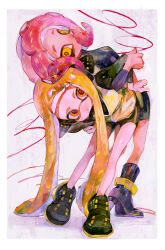Rule 34 | 2girls, agent 3 (splatoon), agent 8 (splatoon), back-to-back, bike shorts, black footwear, black shirt, black shorts, black skirt, blonde hair, boots, character name, covering own mouth, esa (no chirasu1), full body, headphones, high-visibility vest, highres, inkling, inkling girl, inkling player character, locked arms, long hair, miniskirt, multiple girls, nintendo, octoling, octoling girl, octoling player character, red hair, shirt, shorts, skirt, splatoon (series), suction cups, tentacle hair, twintails, very long hair, yellow eyes