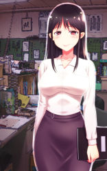 Rule 34 | 1girl, black hair, blush, breasts, chair, collarbone, female focus, highres, hip focus, holding, large breasts, long hair, looking at viewer, nabesekizaiten, notebook, office, red eyes, skirt, smile, solo, standing, table, teacher