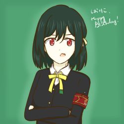 Rule 34 | 1girl, armband, artist name, artist request, black cardigan, black hair, black jacket, blue hair, bow, bowtie, breasts, buttons, cardigan, collared shirt, crossed arms, dark blue hair, dark green hair, green background, hair between eyes, hair bow, hair ribbon, jacket, looking at viewer, love live!, love live! nijigasaki high school idol club, mifune shioriko, neck ribbon, nijigasaki academy school uniform, orange eyes, parted lips, red armband, red eyes, ribbon, school uniform, sharp teeth, shirt, short hair, small breasts, smile, solo, teeth, upper body, white shirt, wing collar, yellow bow, yellow ribbon