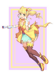 Rule 34 | 1girl, :d, absurdres, ankle bow, ankle ribbon, aqua skirt, blonde hair, bow, brown thighhighs, choker, cone hair bun, cure sparkle, double bun, earrings, full body, gloves, green eyes, hair bun, hair ornament, healin&#039; good precure, heart, heart hair ornament, highres, hiramitsu hinata, holding, holding wand, huai diao de zongzi, jewelry, leg ribbon, looking at viewer, magical girl, multicolored background, open mouth, orange bow, pom pom (clothes), pom pom earrings, precure, ribbon, shoes, short hair, short twintails, skirt, smile, solo, thighhighs, twintails, v, vest, wand, white gloves, yellow bow, yellow footwear, yellow neckwear, yellow vest, zettai ryouiki
