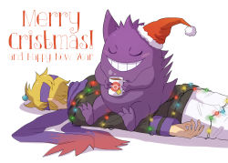 Rule 34 | 1boy, blonde hair, christmas, christmas lights, closed eyes, clothed pokemon, commentary, creatures (company), cup, face down, fur-trimmed headwear, fur trim, game freak, gen 1 pokemon, gengar, grin, gym leader, happy new year, hat, headband, highres, holding, holding cup, long sleeves, lying, male focus, merry christmas, morty (pokemon), natalia baldina, new year, nintendo, on stomach, pants, poke ball print, pokemon, pokemon (creature), pokemon hgss, purple headband, purple scarf, red headwear, santa hat, scarf, short hair, sitting, sitting on person, smile, steam, tea, teeth, tied up (nonsexual), white pants