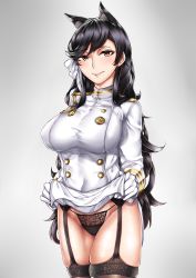Rule 34 | 1girl, animal ears, atago (azur lane), azur lane, black hair, breasts, brown eyes, clothes lift, female focus, flashing, fox ears, garter belt, garter straps, gloves, gradient background, highres, lace, lace-trimmed legwear, lace-trimmed panties, lace trim, large breasts, lifted by self, long hair, looking at viewer, military, military uniform, miniskirt, mole, nattapuumuu, panties, simple background, skirt, skirt lift, smile, solo, standing, underwear, uniform, very long hair, white gloves