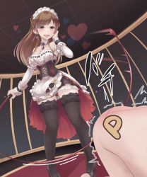 Rule 34 | 1boy, 1girl, absurdres, all fours, bare shoulders, black thighhighs, blush, braid, breasts, brown eyes, brown hair, choker, cleavage, clothed female nude male, earrings, femdom, hand on own face, high heels, highres, idolmaster, idolmaster cinderella girls, jewelry, kikiu bd, long hair, looking down, maid headdress, nitta minami, nude, open mouth, panties, producer (idolmaster), shoes, smile, standing, thighhighs, underwear, whip, whip marks