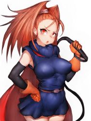Rule 34 | 1girl, :o, barbara (dq6), belt, breasts, cape, covered erect nipples, dragon quest, dragon quest vi, fumio (rsqkr), gloves, hand on own hip, large breasts, long hair, looking at viewer, red eyes, red hair, simple background, solo, thighs, whip, white background