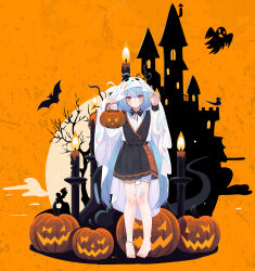 Rule 34 | 1girl, absurdres, ahoge, alternate costume, animal, anklet, bandaged leg, bandages, bare tree, barefoot, bat (animal), black dress, black skirt, blue hair, blush, candle, closed mouth, dress, fire, full body, ghost, ghost costume, griseo, halloween, halloween bucket, halloween costume, happy halloween, highres, holding, honkai (series), honkai impact 3rd, incredibly absurdres, jack-o&#039;-lantern, jewelry, long hair, long sleeves, looking at viewer, moon, orange background, ouya (pixiv 52685215), pleated skirt, pumpkin, purple eyes, ribbon, shirt, skirt, solo, standing, tree, twintails, very long hair, white shirt