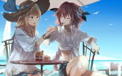 Rule 34 | 2boys, astolfo (fate), astolfo (sugar vacation) (fate), bikini, bikini top only, bird, blonde hair, blue sky, blush, braid, chair, chevalier d&#039;eon (fate), closed eyes, closed mouth, crossdressing, day, facing another, fate/grand order, fate (series), flower, food, green eyes, hair flower, hair ornament, hat, ice cream, long hair, looking at another, multicolored hair, multiple boys, no-kan, ocean, official alternate costume, open mouth, red hair, seagull, shirt, short shorts, shorts, sitting, sky, smile, spoon, streaked hair, sun hat, swimsuit, table, tied shirt, trap, utensil in mouth, white shirt
