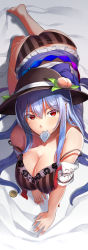 Rule 34 | 1girl, all fours, ass, bare shoulders, barefoot, bed, black bra, blue hair, bra, breasts, condom, condom in mouth, hat, hinanawi tenshi, large breasts, light smile, long hair, looking at viewer, mouth hold, naughty face, neropaso, panties, solo, striped clothes, striped panties, touhou, underwear