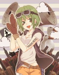 Rule 34 | belt, belt buckle, bird, breasts, brown gloves, buckle, cat, city, cityscape, clapping, duck, facepaint, gloves, goggles, goggles on head, green eyes, green hair, gumi, huwahuwacooky, megaphone, open mouth, panda hero (vocaloid), photo background, shirt, short hair, short sleeves, shorts, sign, small breasts, striped, striped background, vest, vocaloid, white shirt