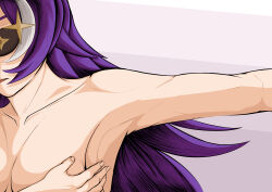 Rule 34 | 1girl, absurdres, armpits, chevreuse (genshin impact), collarbone, commentary, covering breasts, covering privates, eyepatch, genshin impact, highres, long hair, multicolored hair, nude, parted lips, purple hair, roomie, solo, upper body, very long hair, white hair