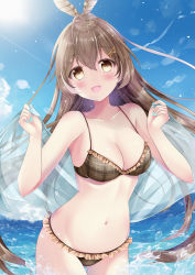 Rule 34 | 1girl, :d, bikini, blue sky, blush, breasts, brown bikini, brown eyes, brown hair, cloud, day, feather hair ornament, feathers, floating hair, frilled bikini, frills, gluteal fold, hair ornament, hairclip, hands up, highres, hololive, hololive english, kishimaharuno, long hair, medium breasts, nanashi mumei, navel, open mouth, outdoors, shawl, sky, smile, solo, stomach, swimsuit, thigh gap, very long hair, virtual youtuber