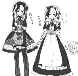 Rule 34 | ..., 1girl, alternate costume, bad id, bad twitter id, boots, chibi, chibi inset, commentary request, dress, enmaided, gothic lolita, greyscale, half-closed eyes, jitome, lolita fashion, long dress, looking at viewer, made in abyss, maid, maid headdress, maruruk, miruko (milkyuoxou), monochrome, multicolored hair, multiple persona, multiple views, ozen, puffy short sleeves, puffy sleeves, short hair, short sleeves, simple background, spoken ellipsis, thighhighs, translated, two-tone hair, white background