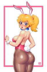 Rule 34 | 1girl, absurdres, animal ears, ass, backless leotard, bad id, bad twitter id, bare back, bare shoulders, blonde hair, blue eyes, blush, breasts, butt crack, curvy, detached collar, earrings, fake animal ears, fake tail, female focus, from behind, highleg, highleg leotard, highres, huge ass, jewelry, leotard, lips, lipstick, looking at viewer, looking back, makeup, mario (series), narrow waist, nintendo, pantyhose, pink leotard, playboy bunny, ponytail, princess peach, puffy lips, rabbit ears, rabbit tail, red lips, riz, shoulder blades, sideboob, solo, sphere earrings, strapless, strapless leotard, tail, thick thighs, thighs, thong, thong leotard, white background, wide hips, wrist cuffs