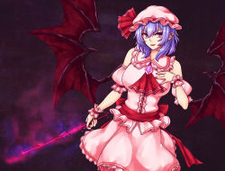 Rule 34 | 1girl, aged up, ascot, bat wings, blouse, blue hair, breasts, brooch, commentary, cowboy shot, detached sleeves, expressionless, fangs, fangs out, fingernails, frilled shirt collar, frills, gem, gradient background, hair between eyes, hand on own chest, hat, hat ribbon, highres, holding, holding polearm, holding spear, holding weapon, jewelry, large breasts, leaning to the side, looking at viewer, mob cap, nail polish, open mouth, parted lips, pink shirt, pink skirt, pointy ears, polearm, puffy short sleeves, puffy sleeves, purple gemstone, red ascot, red eyes, red nails, remilia scarlet, ribbon, sash, sharp fingernails, shirt, short hair, short sleeves, skirt, skirt set, slit pupils, smoke, solo, spear, spear the gungnir, standing, touhou, tsurime, weapon, wings, wrist cuffs, zellam