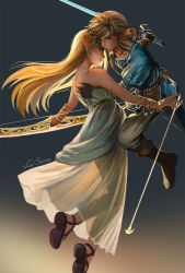 Rule 34 | 1boy, 1girl, arrow (projectile), artist name, bare shoulders, blonde hair, blue eyes, blue tunic, boots, bow (weapon), bracer, brown footwear, dress, fingerless gloves, full body, gloves, gold necklace, green eyes, grey background, grey pants, grey shirt, hand on another&#039;s back, highres, holding, holding arrow, holding bow (weapon), holding sword, holding weapon, jewelry, la sera art, link, long dress, long hair, long sleeves, looking at viewer, low ponytail, medium hair, necklace, nintendo, pants, pointy ears, princess zelda, sandals, shirt, short sleeves, shoulder belt, sidelocks, strapless, strapless dress, sword, the legend of zelda, the legend of zelda: breath of the wild, triforce, weapon, white dress