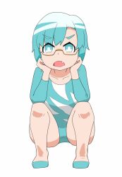 Rule 34 | 1girl, asymmetrical hair, blue eyes, blue footwear, blue hair, blue leotard, collarbone, fang, female focus, full body, glasses, head rest, highres, hydrangia, leotard, long sleeves, looking at viewer, matching hair/eyes, open mouth, semi-rimless eyewear, shoes, simple background, solo, squatting, ueno-san wa bukiyou, unogawa, white background
