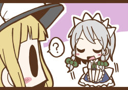 Rule 34 | ?, adomi, blonde hair, bowing, braid, closed eyes, comic, female focus, hat, izayoi sakuya, kirisame marisa, letterboxed, maid, millipen (medium), open mouth, short hair, silver hair, solid oval eyes, touhou, traditional media, twin braids, witch hat