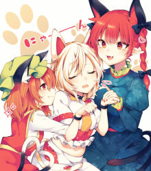 Rule 34 | 3girls, animal ear fluff, animal ears, bell, black bow, bow, braid, brown hair, cat ears, cat girl, cat tail, chen, dress, closed eyes, fang, goutokuji mike, green headwear, hair bow, holding hands, hat, heart, heart tail, highres, kaenbyou rin, long hair, long sleeves, midriff, mob cap, multicolored hair, multiple girls, nail polish, neck bell, pointy ears, red eyes, red hair, red nails, red vest, short hair, short sleeves, simple background, skirt, smile, streaked hair, tail, tama (soon32281), touhou, twin braids, vest, white background, white hair, yuri