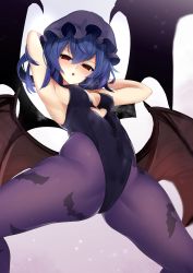 Rule 34 | 1girl, alternate costume, animal print, armpits, arms behind head, arms up, bare arms, bat print, bat wings, black hat, blue hair, breasts, commentary request, covered navel, feet out of frame, gradient background, hair between eyes, hat, head tilt, highres, leotard, looking at viewer, mob cap, pantyhose, parted lips, purple background, purple pantyhose, red eyes, remilia scarlet, short hair, sinkai, small breasts, solo, spread legs, standing, thighs, touhou, white background, wings