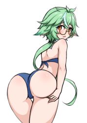 Rule 34 | 1girl, animal ears, aqua hair, ass, bare shoulders, bikini, blush, cameltoe, embarrassed, from behind, genshin impact, glasses, green hair, highres, hr.r, huge ass, leaning, leaning forward, long hair, looking at viewer, looking back, low ponytail, multicolored hair, open mouth, orange eyes, parted lips, ponytail, shiny skin, solo, sucrose (genshin impact), swimsuit, two-tone hair, very long hair