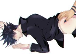 Rule 34 | 2boys, anal fingering, arm tattoo, ass, ass grab, black hair, black jacket, black nails, blush, clothes pull, commentary request, fingering, fingernails, fushiguro megumi, green eyes, hair between eyes, high collar, highres, jacket, jujutsu kaisen, long sleeves, lying, male focus, multiple boys, nail polish, pants, pants pull, parted lips, ryoumen sukuna (jujutsu kaisen), sato zero915, sharp fingernails, short hair, simple background, spiked hair, sweat, tattoo, veins, white background, yaoi